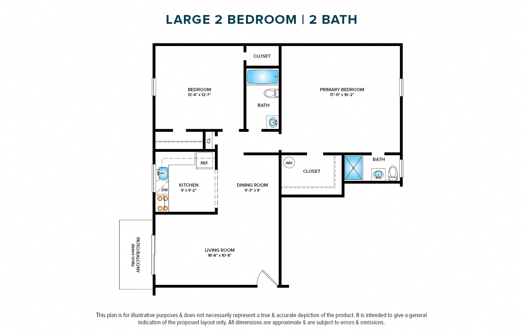 Floor plan for 2 beds, 2 baths, 1115 sqft